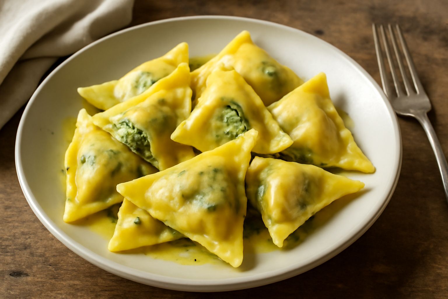 Pansotti triangolari di pasta fresca giallo chiaro disposti nel piatto, ripieni di verdure verdi, ricoperti da salsa di pesto verde intenso, guarniti con pinoli tostati e parmigiano grattuggiato, serv