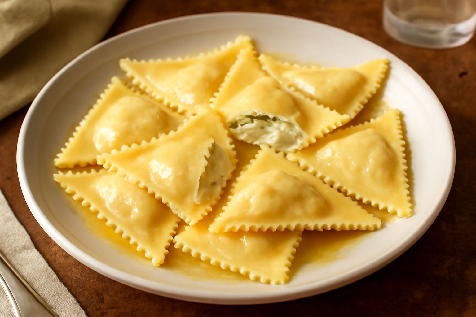 Pansotti triangolari con ripieno di ricotta serviti in un piatto fondo, conditi con burro fuso e foglie di salvia fresca, su un tavolo in legno