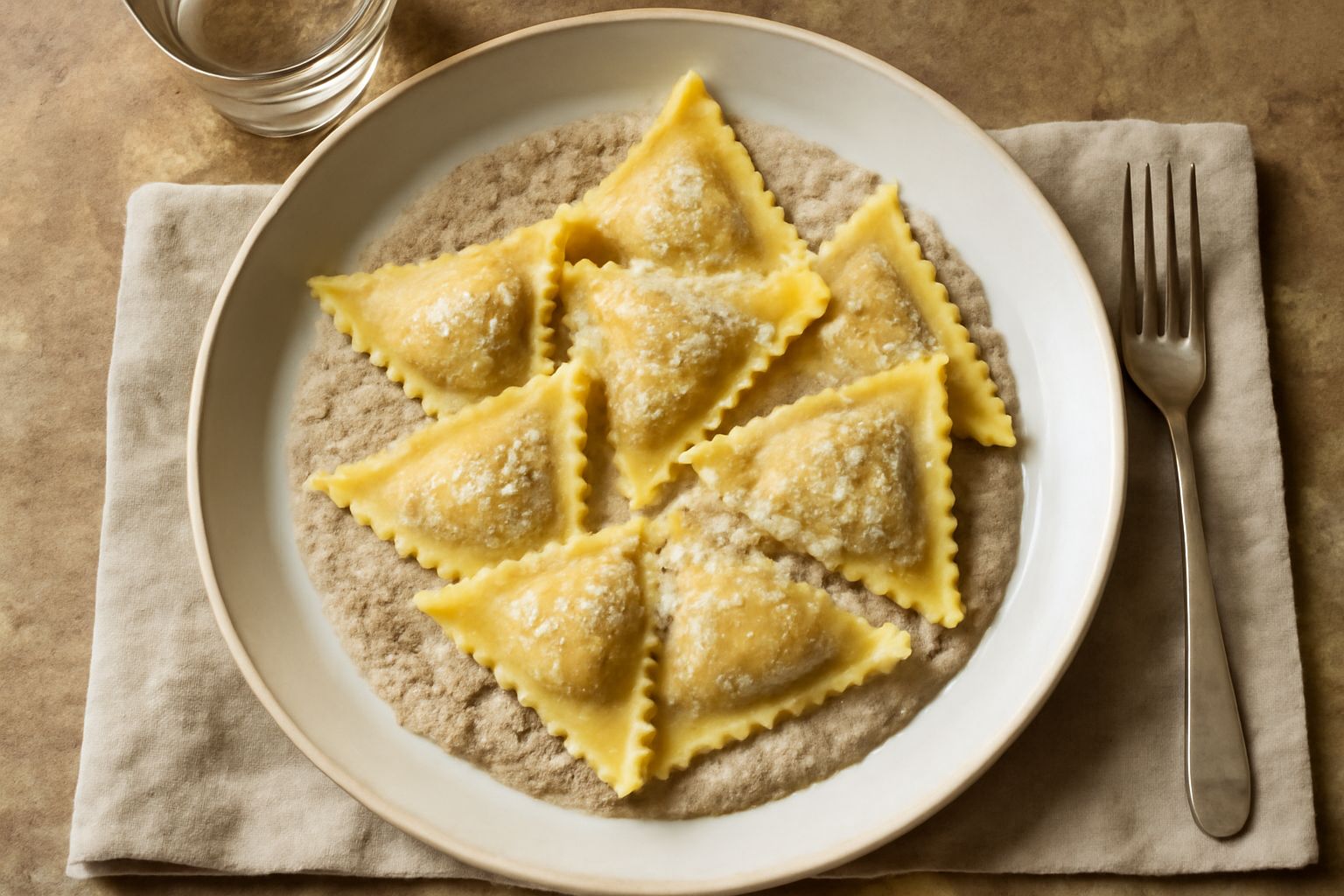 Pansotti triangolari di pasta dorata serviti su piatto bianco con salsa di noci e qualche noce tritata, leggera ombra di burigiatura sugli angoli