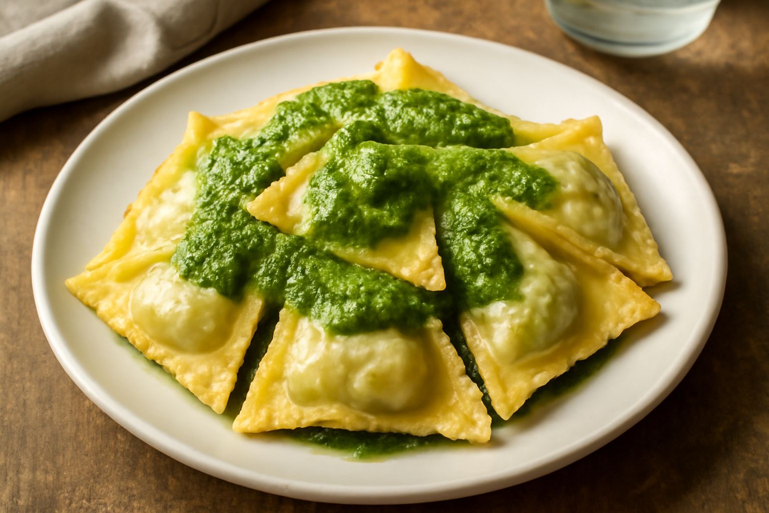 Pansotti triangolari di pasta fresca conditi con salsa al basilico pesto verde smeraldo, piatto bianco, spolvero di formaggio grattugiato e foglie di basilico fresco