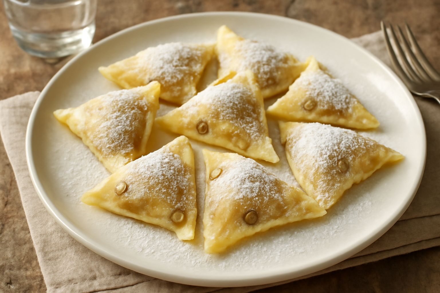 Tre pansotti dolci disposti nel piatto bianco, pasta gialla dorata ripiegata a triangolo, cosparsì di zucchero a velo e qualche pinolo, sfondo neutro