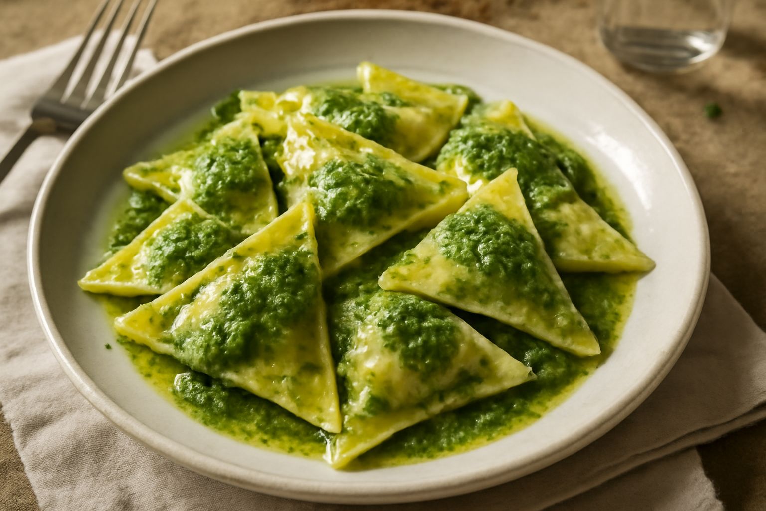 Pansotti triangolari su un piatto bianco, ricoperti di pesto verde luminoso, con foglie di basilico fresco e pinoli dorati sparse sopra, in controluce estiva