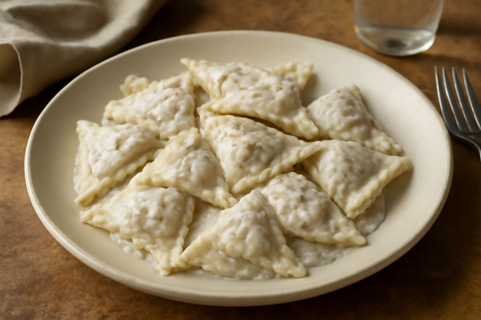 Pansotti freddi ripieni in un piatto bianco con salsa di noci color bianco crema, guarniti con una fogliolina di prezzemolo fresco, su superficie di marmo grigio chiaro
