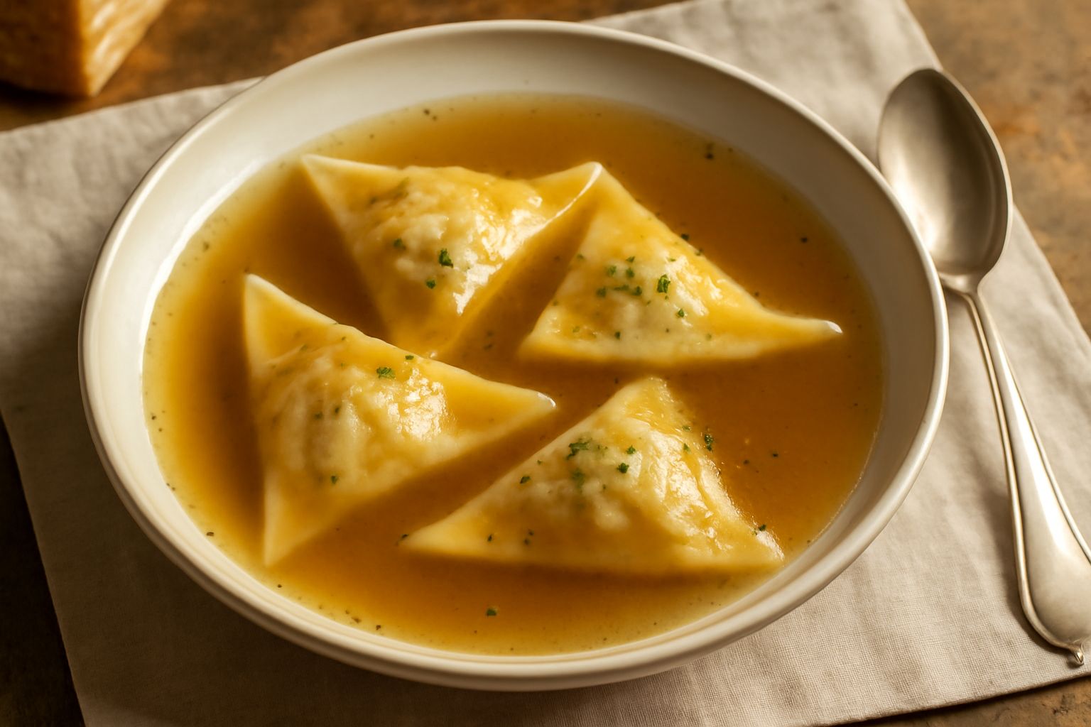 Pansotti triangolari di pasta fresca in una ciotola di ceramica bianca, immersi in brodo di carne trasparente e ambrato, con qualche fogliolina di prezzemolo fresco e gocce di olio su cui galleggiano 