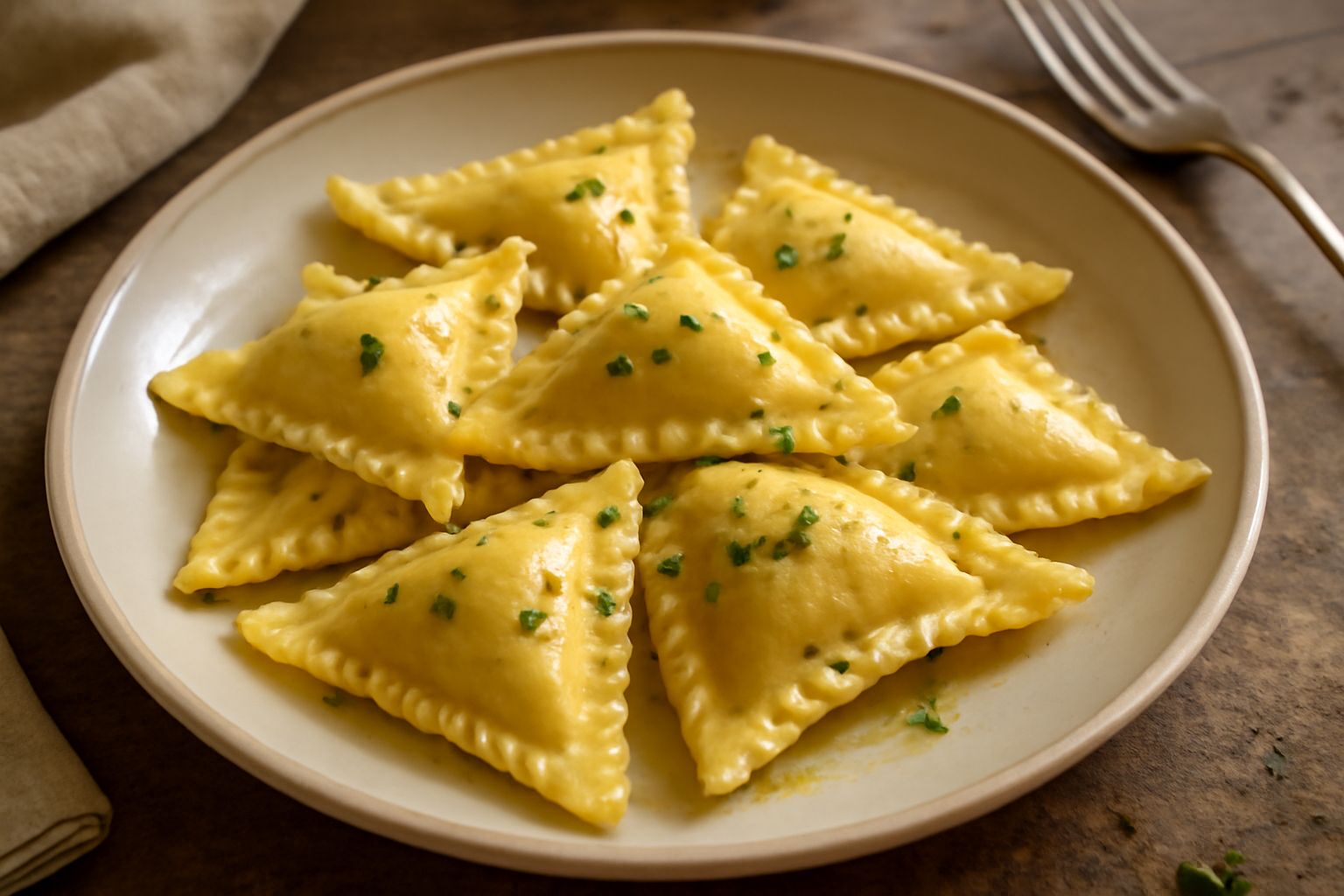 Pansotti triangolari su un piatto bianco spolverati di parmigiano grattugiato, con una ciotola di salsa di noci a lato e foglie di salvia fresca