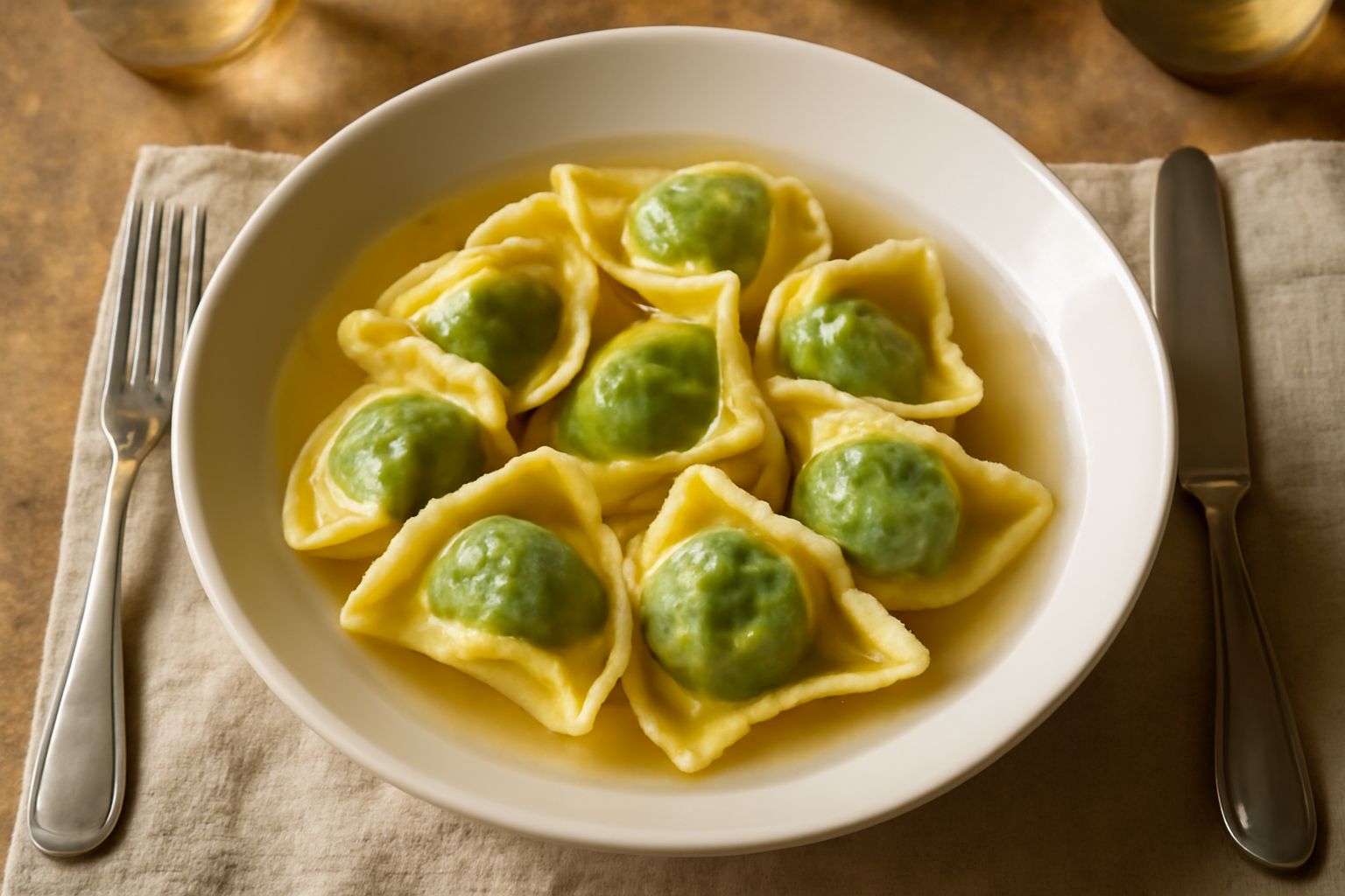 Pansotti verdi serviti in un piatto fondo, immersi in brodo caldo trasparente con tracce di salsa di noci color ambrato, decorati con foglie di basilico fresco e una spolverata di parmigiano grattugia