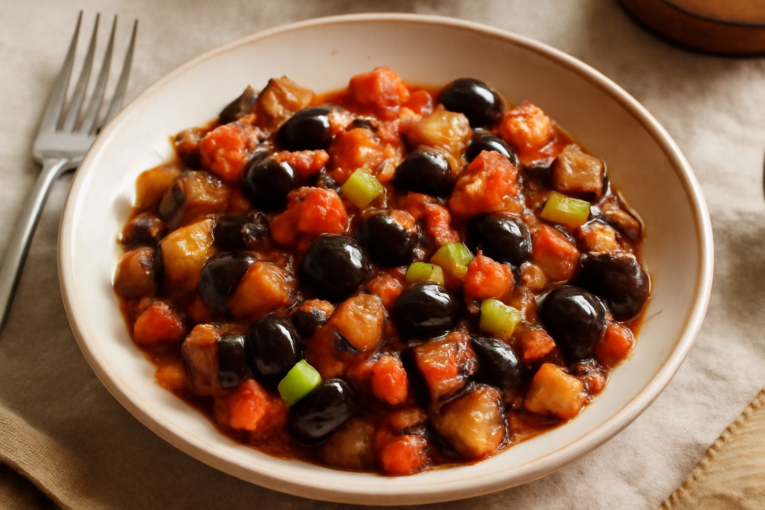 Caponata in piatto bianco di melanzane violacee tagliate a dadini, pomodori rossi, olive nere e sedano, condita con olio d'oliva lucido e aceto, una fetta di pane tostato a lato