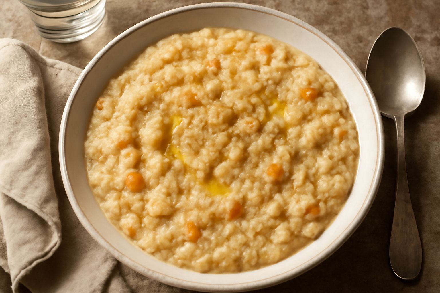 Ciotola di panuccia cremosa con pane sfatto in brodo, cavolo e carote, con gocce di olio d'oliva verde in superficie, servita in piatto bianco su fondo rustico