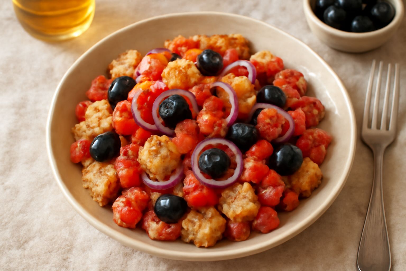 Insalata di pane raffermo color biondo, pomodori rossi a cubetti, olive nere lucide, cipolla rosa, su un piatto bianco con fondo di olio verdastro. Foglie di basilico fresco sparse.