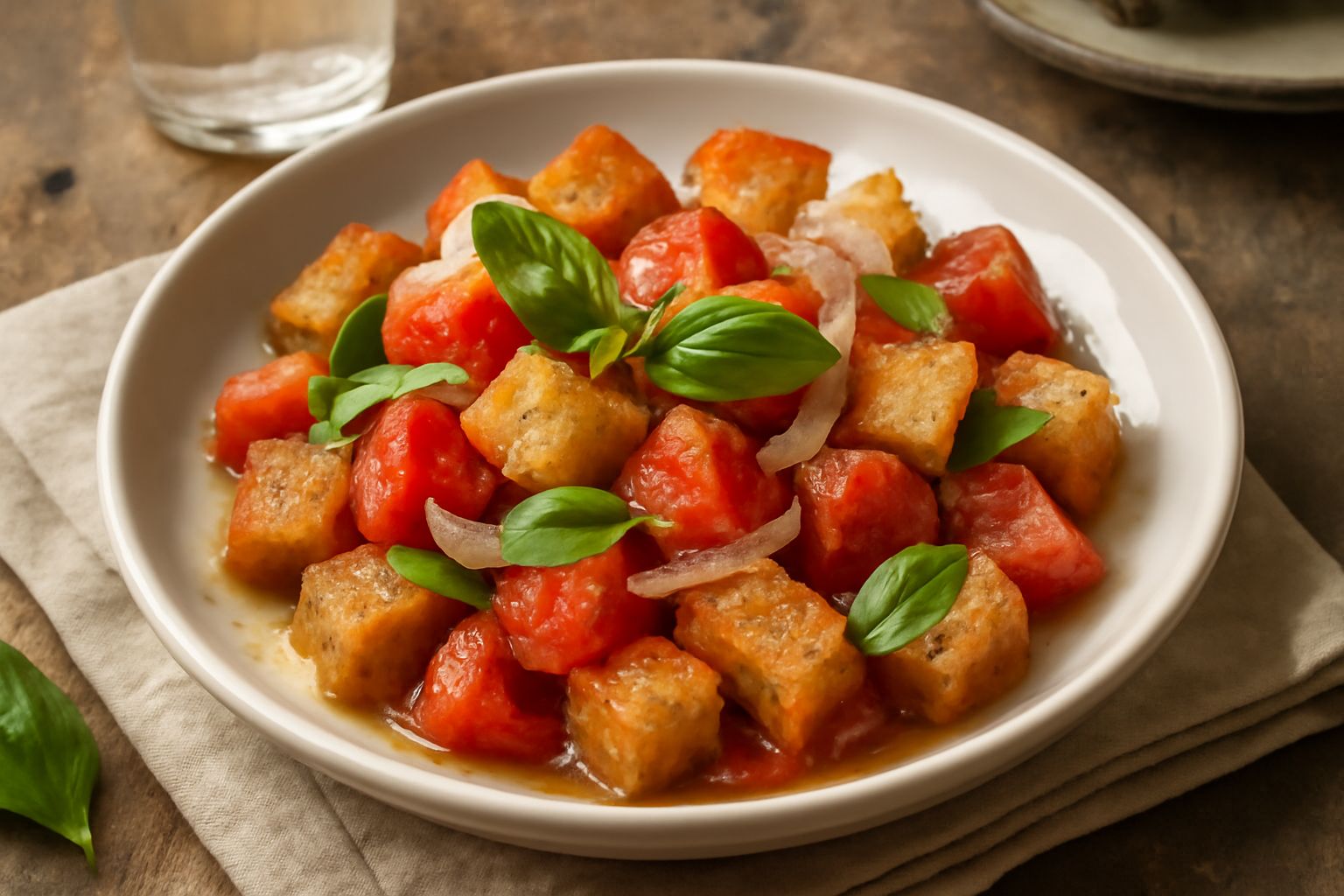 Panzanella campana in ciotola bianca con cubetti di pane dorato, pomodori rossi tagliati, basilico verde fresco, cipolla rosa pallido e fili di olio d'oliva brillante in superficie