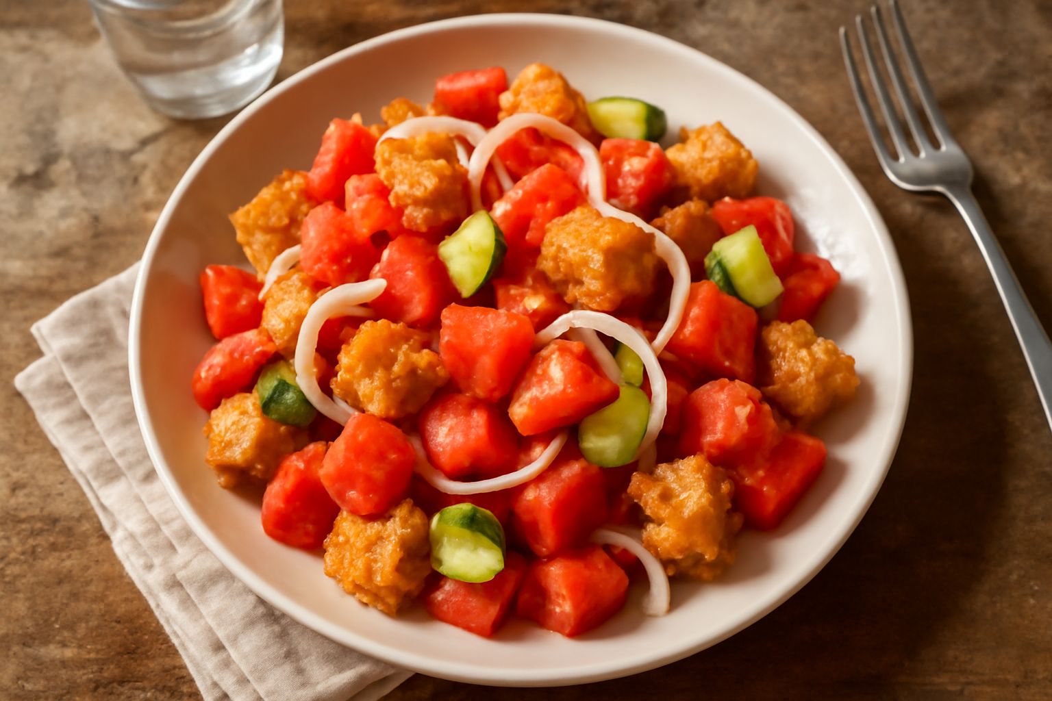 Panzanella fermana in una ciotola di ceramica bianca: dadi di pane caramellato, pomodori rossi a pezzi, cetriolo verde, cipolla bianca, tutto condito con olio verde e basilico fresco. Piatto servito c