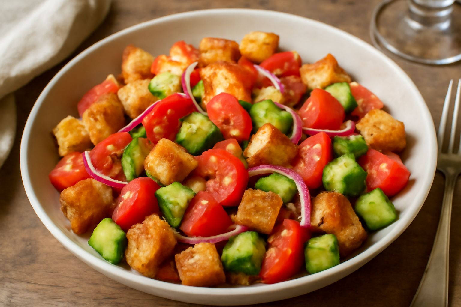 Panzanella Ferrarese in una ciotola di ceramica bianca: cubetti di pane tostati color oro, pomodori rossi, cetrioli verdi, cipolla rossa, il tutto bagnato da olio di oliva brillante, guarnito con basi