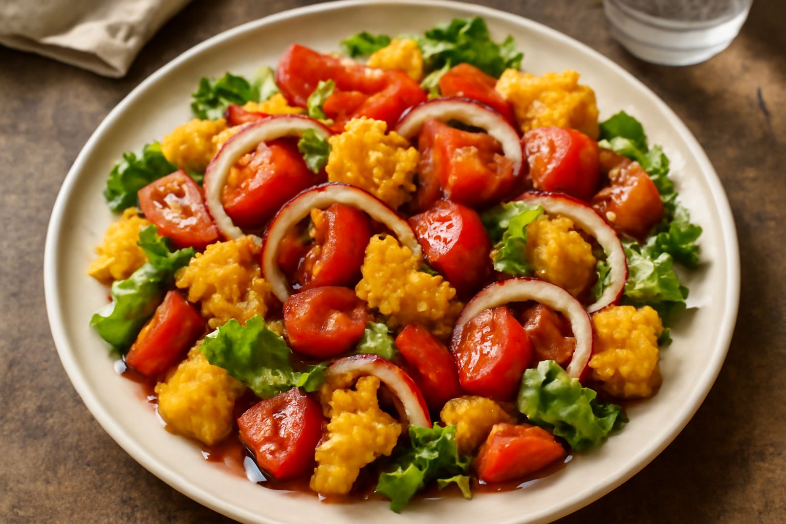 Panzanella foggiana servita in un piatto fondo bianco, con cubi di pane giallo dorato mescolati a pomodori rossi, cipolla bianca affettata, insalata verde e altri ortaggi freschi, condita con olio d'o