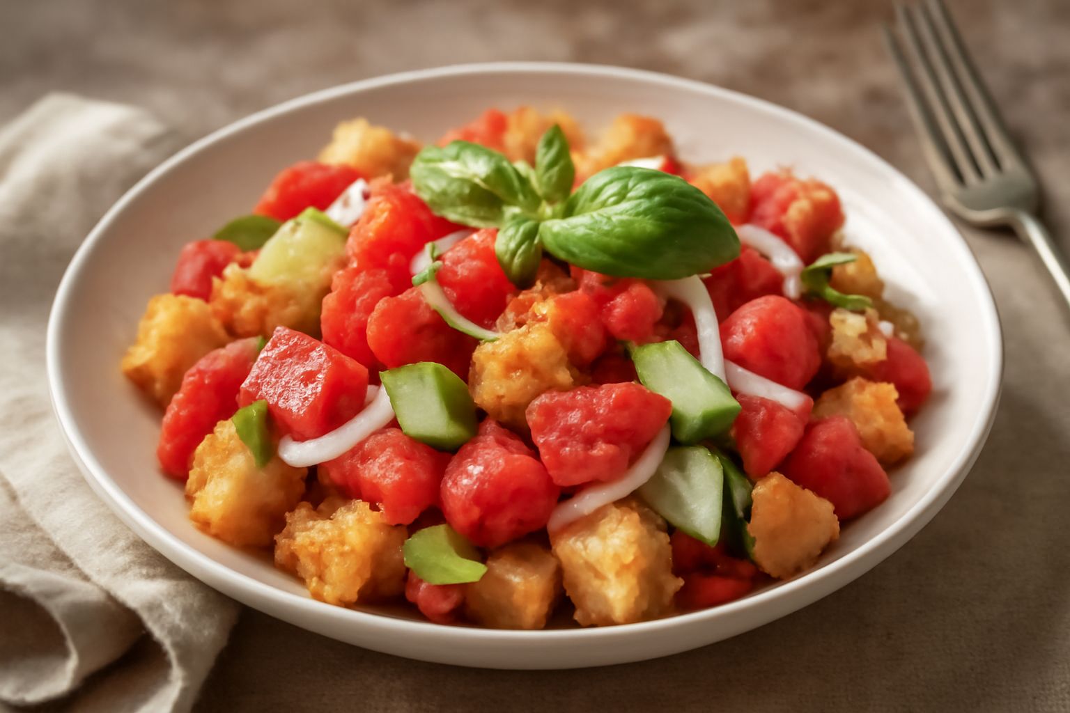 Panzanella folignate in ciotola di ceramica bianca: cubetti di pane tostato giallo dorato mescolati a pomodori rossi, cetrioli verdi, cipolla bianca, bagnati da olio d'oliva trasparente, foglie di bas