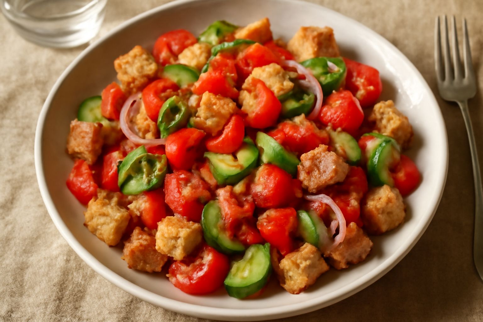 Ciotola di panzanella con pezzi di pane bianco, pomodori rossi tagliati, fettine sottili di cipolla rossa e foglie di basilico verde fresco