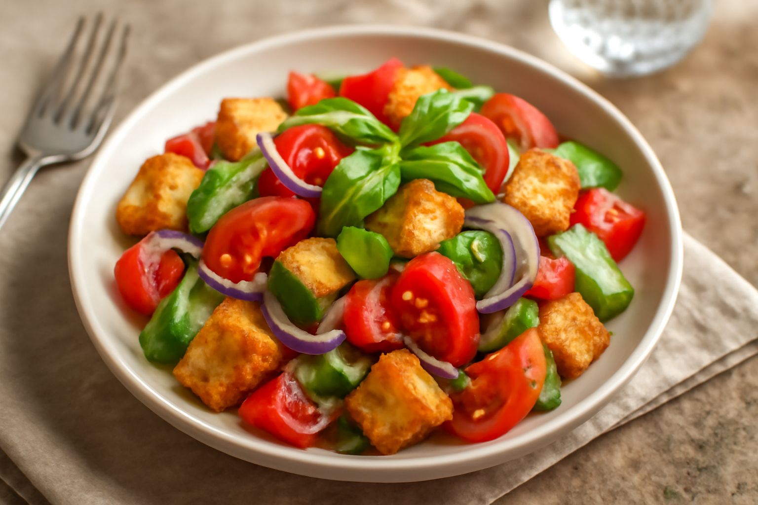 Ciotola di panzanella laziale con cubetti di pane tostato, pomodori rossi, cetrioli verdi, cipolla rossa, basilico fresco, condita con olio d'oliva, su un tavolo di legno chiaro con luce naturale