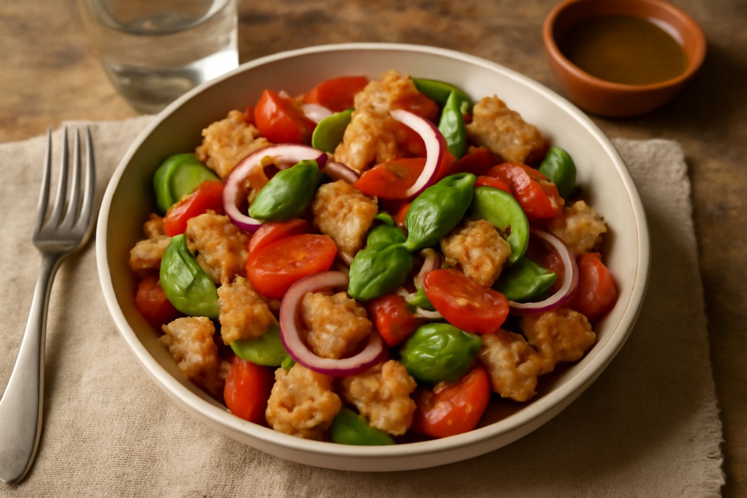 Insalata di pane panzanella con cubetti di pane tostato, pomodori rossi freschi, cipolle bianche, cetriolo affettato e foglie di basilico verde in una ciotola bianca, condita di olio