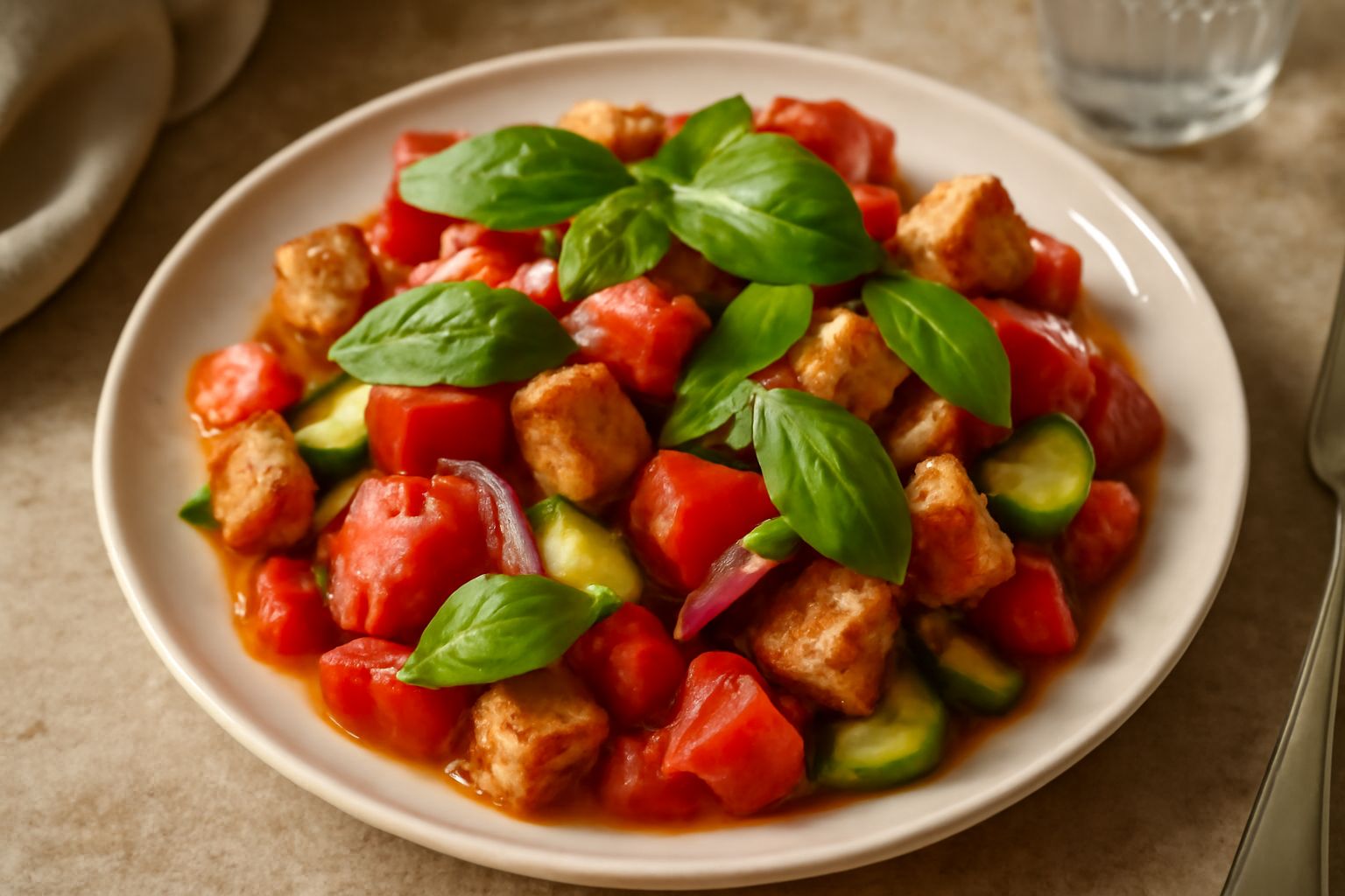 Insalata di pane raffermo, pomodori rossi e cetrioli affettati in una ciotola bianca, con foglie di basilico verde su un tavolo di legno chiaro, al sole