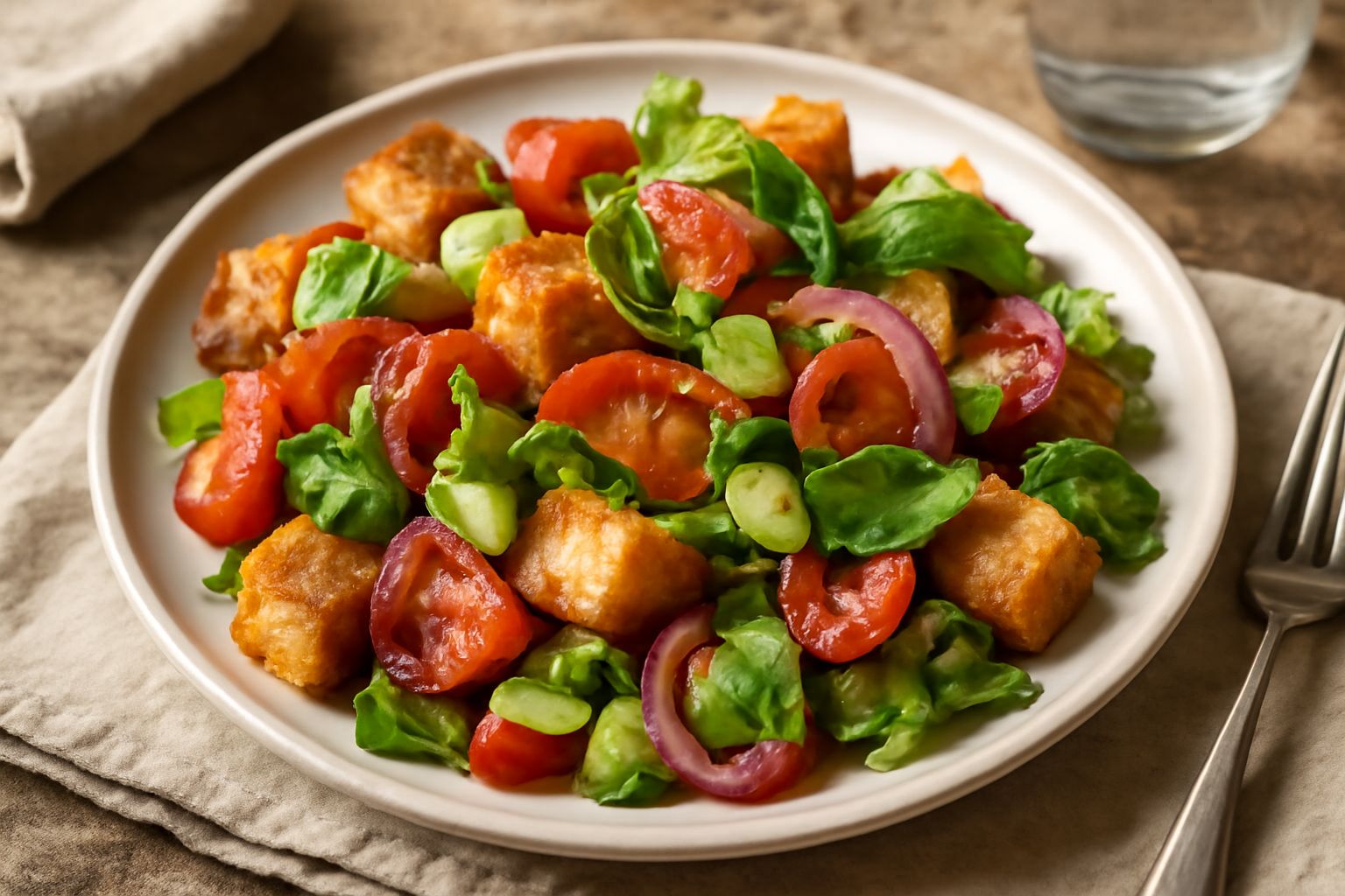 Panzanella lucchese in ciotola di ceramica: cubetti di pane tostato giallo dorato, pomodori rossi e polposi, cetrioli verdi, cipolla rossa, basilico verde, insalata verde a ruscello, olio d'oliva che 