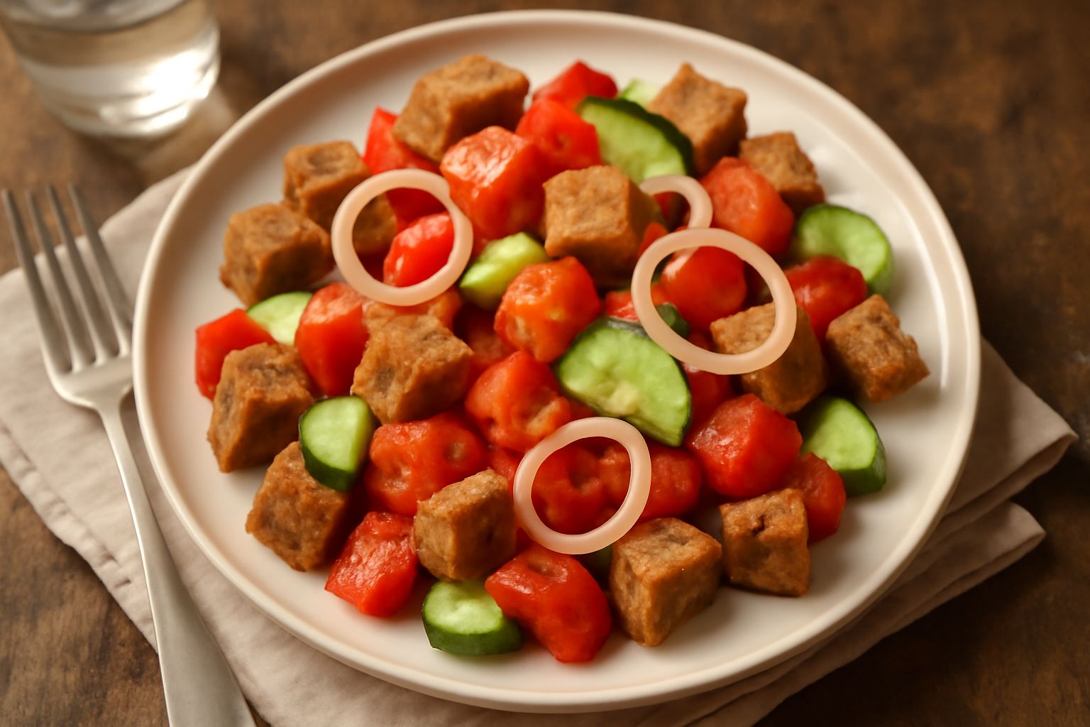 Una ciotola di panzanella marchigiana con cubetti di pane tostato color nocciola, pomodori rossi tagliati, cetrioli verdi, fettine di cipolla bianca e un filo di olio verdastro in superficie, servita 