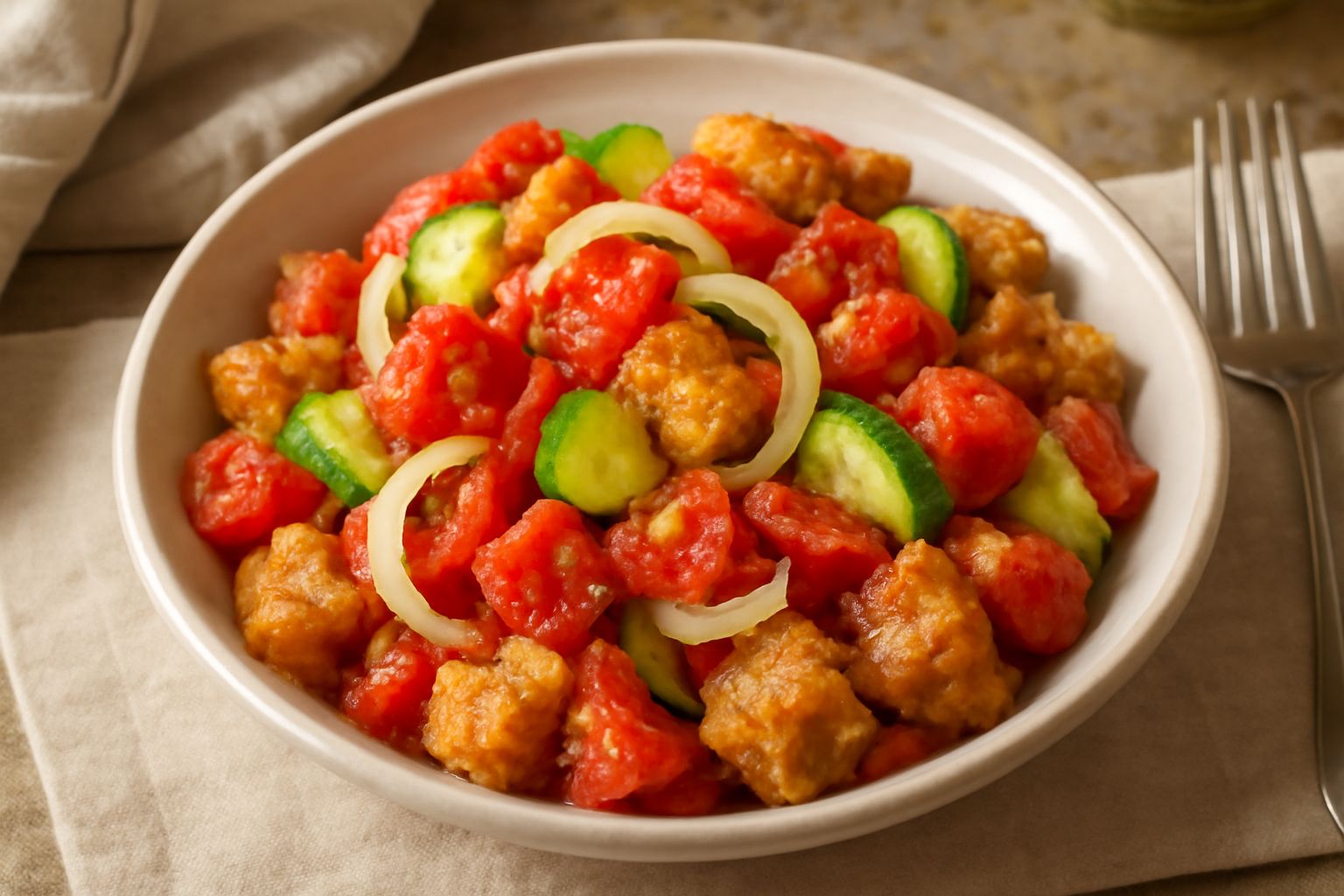 Insalata in ciotola bianca con cubetti di pane marrone, pomodori rossi, pezzi di cetriolo verde, striscie di cipolla bianca, condita con olio lucido e gocce d'aceto, foglie di basilico sparse in super
