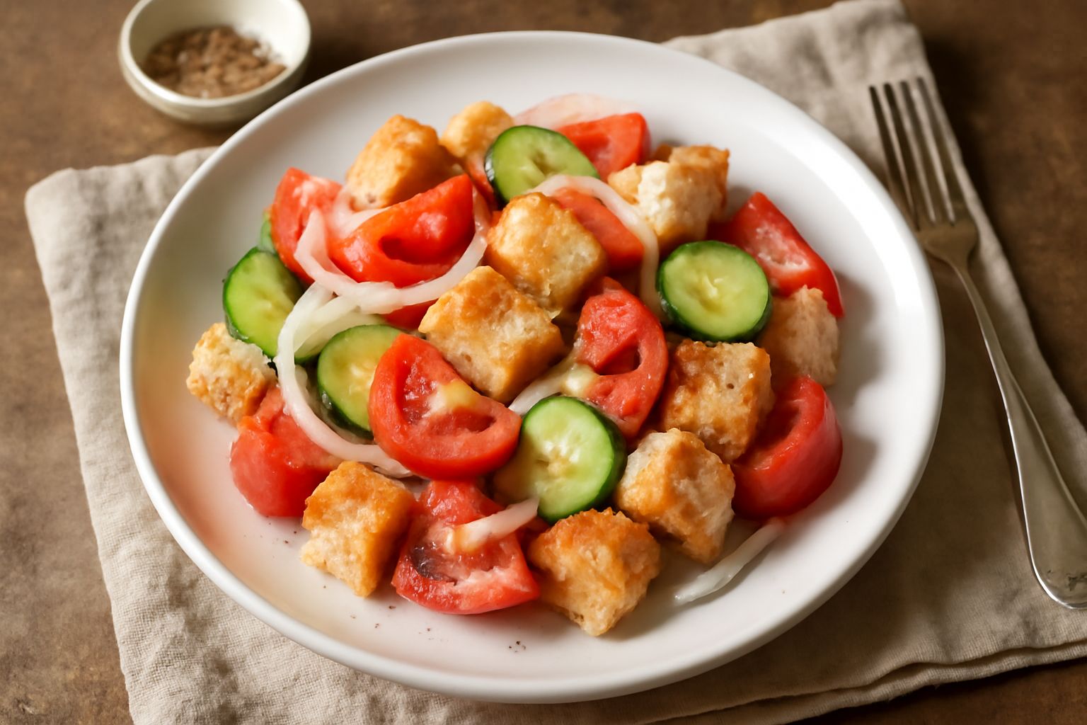Ciotola di panzanella reatina con cubetti di pane tostati, pomodori rossi, cetrioli verdi, cipolla bianca e una fiamma di basilico fresco sopra, condita con olio d'oliva lucido