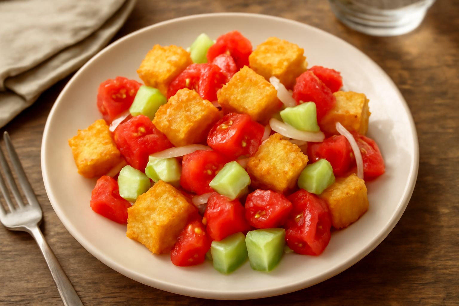 Insalata panzanella reggiana in ciotola bianca con cubi di pane tostato, pomodori rossi, cetrioli verdi e basilico fresco, condita con olio d'oliva