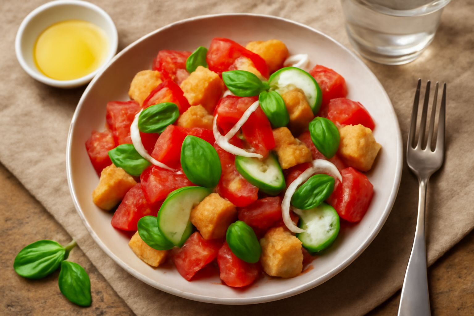 Panzanella salernitana in una ciotola bianca: cubetti di pane tostato giallo-dorato mescolati a pomodori rossi, cetrioli verdi, cipolle bianche e basilico fresco, condita con olio d'oliva lucido