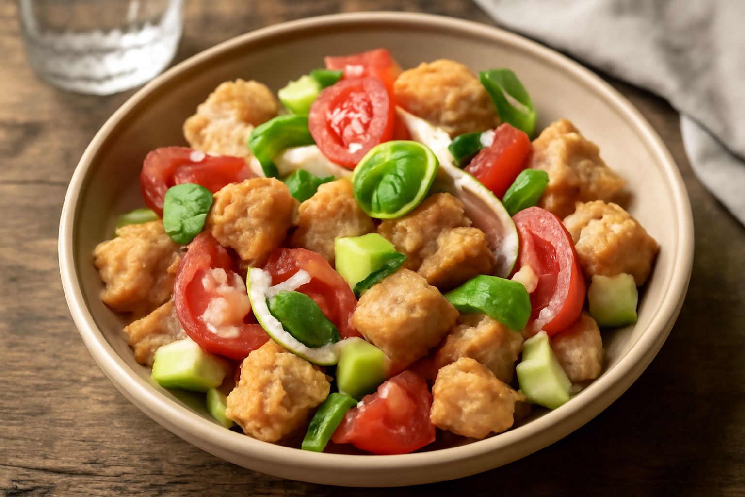 Una ciotola di panzanella teramana con cubetti di pane tostato, pomodori rossi, cetrioli e basilico fresco, condita con olio e aceto, servita in un piatto bianco.