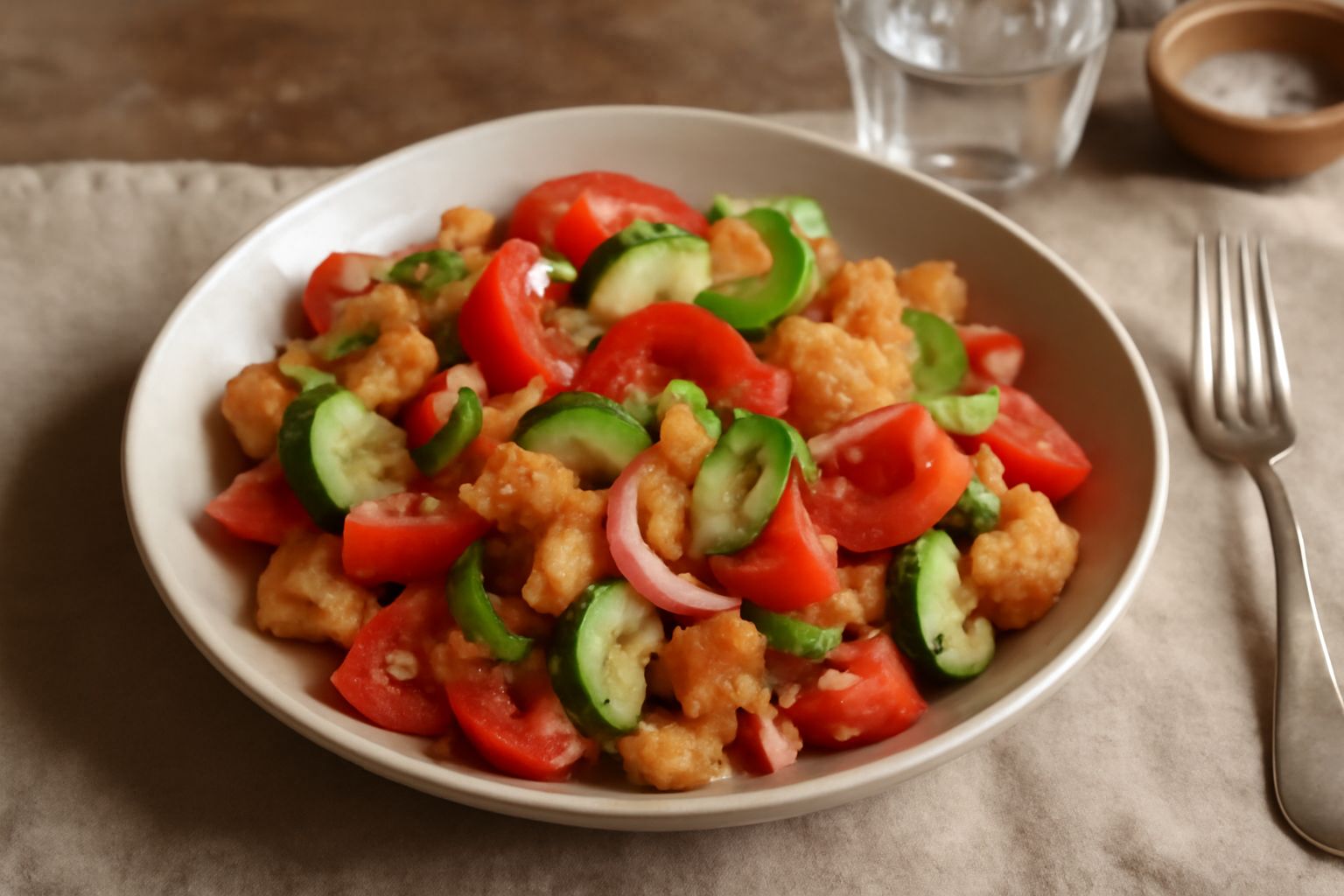 Ciotola di panzanella toscana con cubetti di pane raffermo, pomodori rossi e cipolla rossa tagliata finissima, con olio che luccica in superficie