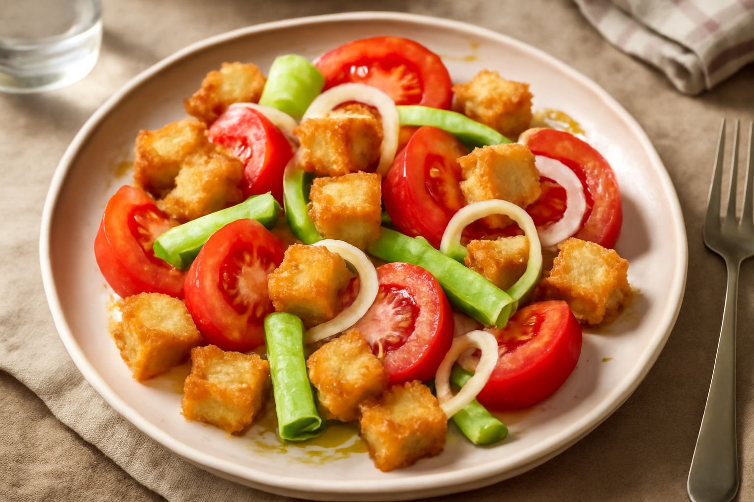 Insalata di pane in piatto bianco con cubetti di pane tostato, fette di pomodoro rosso, cetriolo verde, cipolla bianca e foglie di basilico fresco, condita con olio dorato