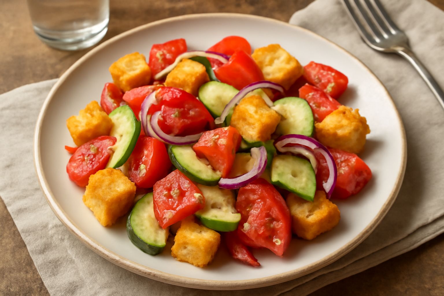 Insalata di pane tostato giallo dorato mescolato con cubetti di pomodoro rosso vivo, fette di cetriolo verde, cipolla viola e basilico verde, in una ciotola bianca, condita d'olio dorato