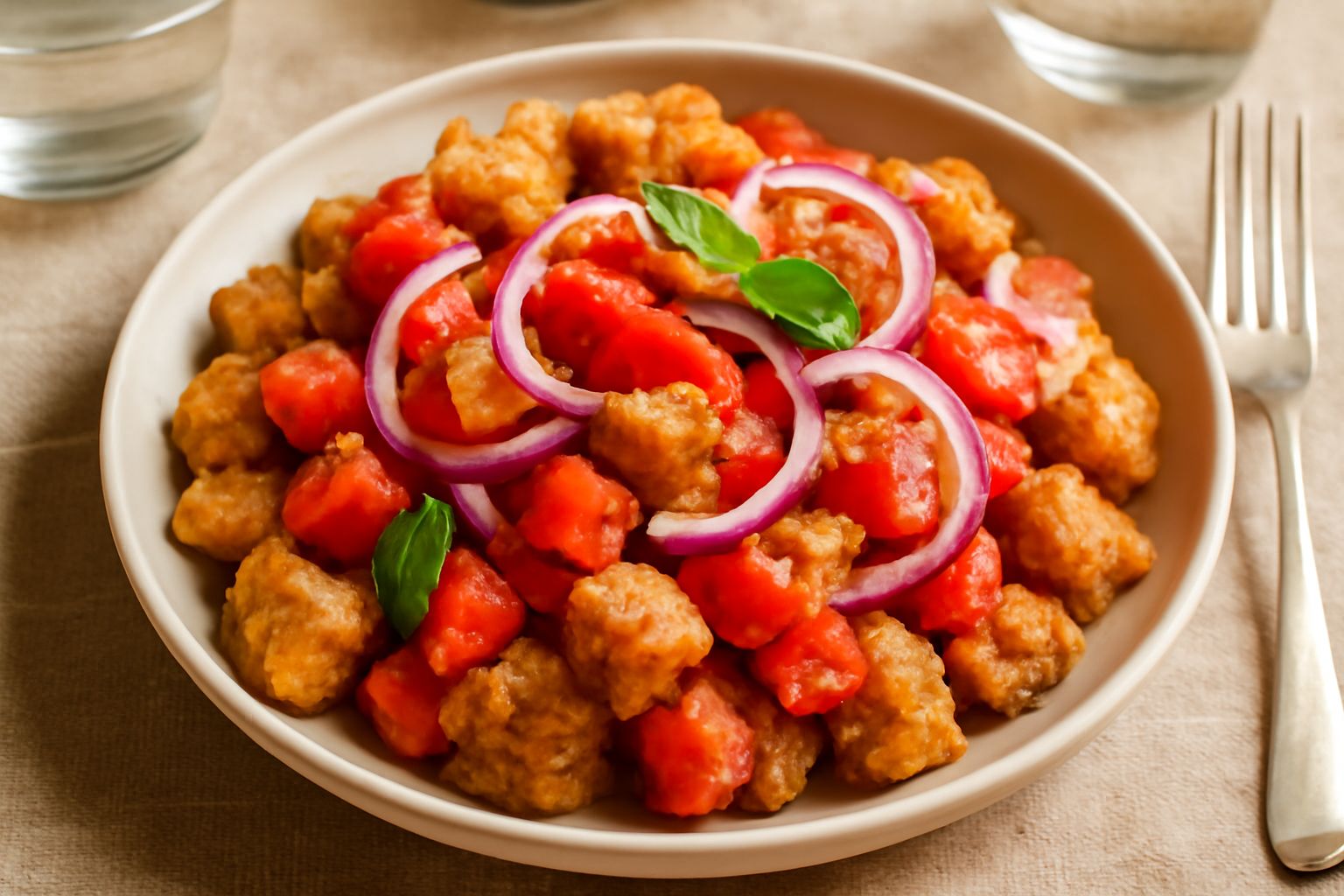 Panzenella in ciotola bianca: cubetti di pane raffermo bruno, fette di pomodoro rosso, cipolla rossa trasparente, foglie di basilico verde, il tutto bagnato da olio d'oliva lucente, condito con gocce 