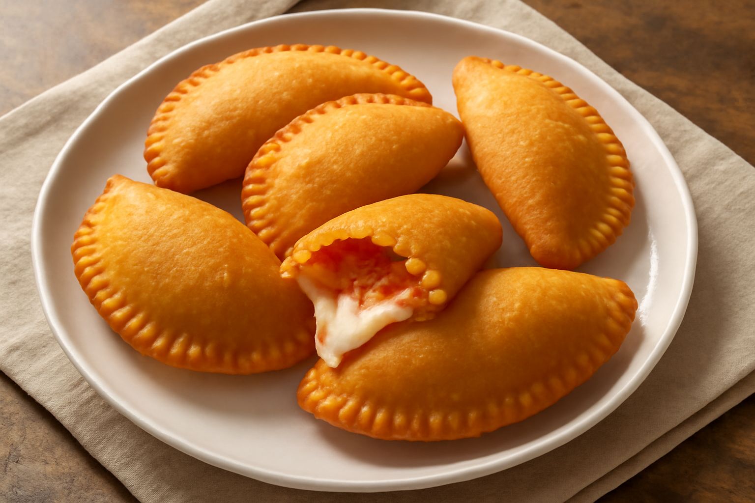 Quattro panzerotti dorati a forma di mezzaluna, croccanti, disposti su carta assorbente bianca, con la mozzarella che filtra leggermente dai bordi sigillati, sfondo neutro