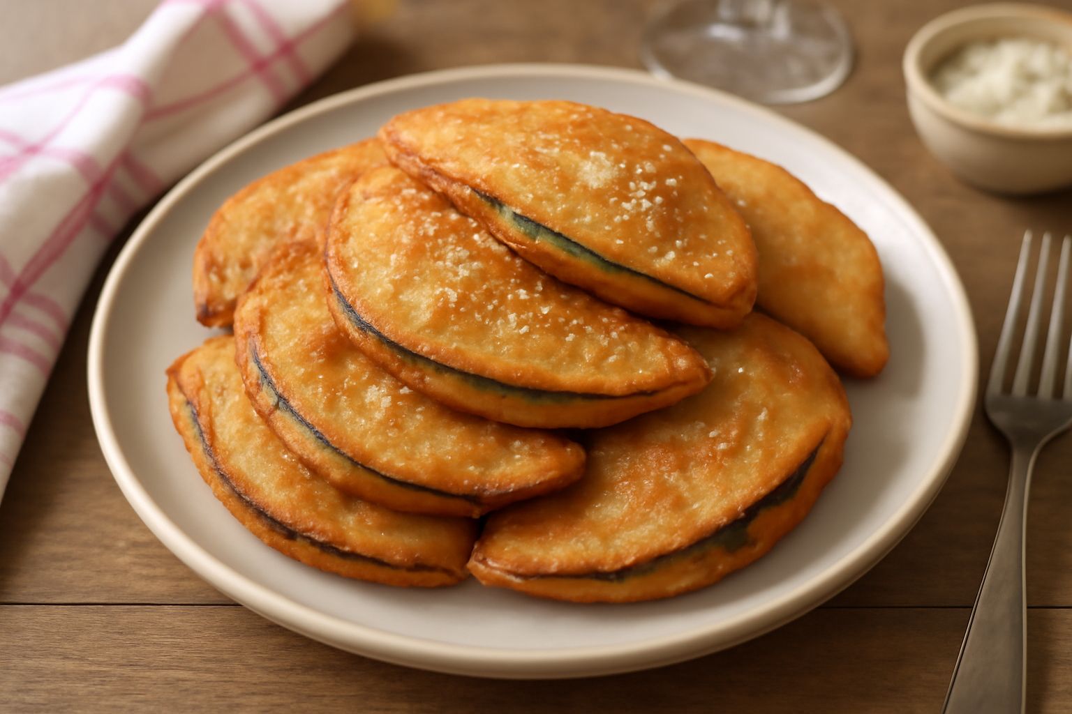 Panzerotti di melanzane dorati e croccanti impilati su un piatto bianco, spolverati di parmigiano grattugiato, con una ciotola di salsa di pomodoro accanto