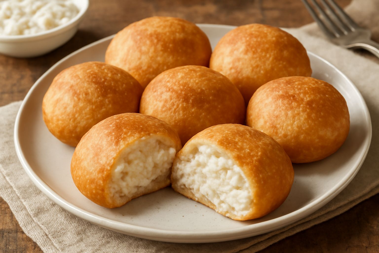 Panzerotti di ricotta dorati e tondi appena fritti, cosparsi di zucchero a velo, disposti su piatto bianco con una ciotola di ricotta cremosa accanto