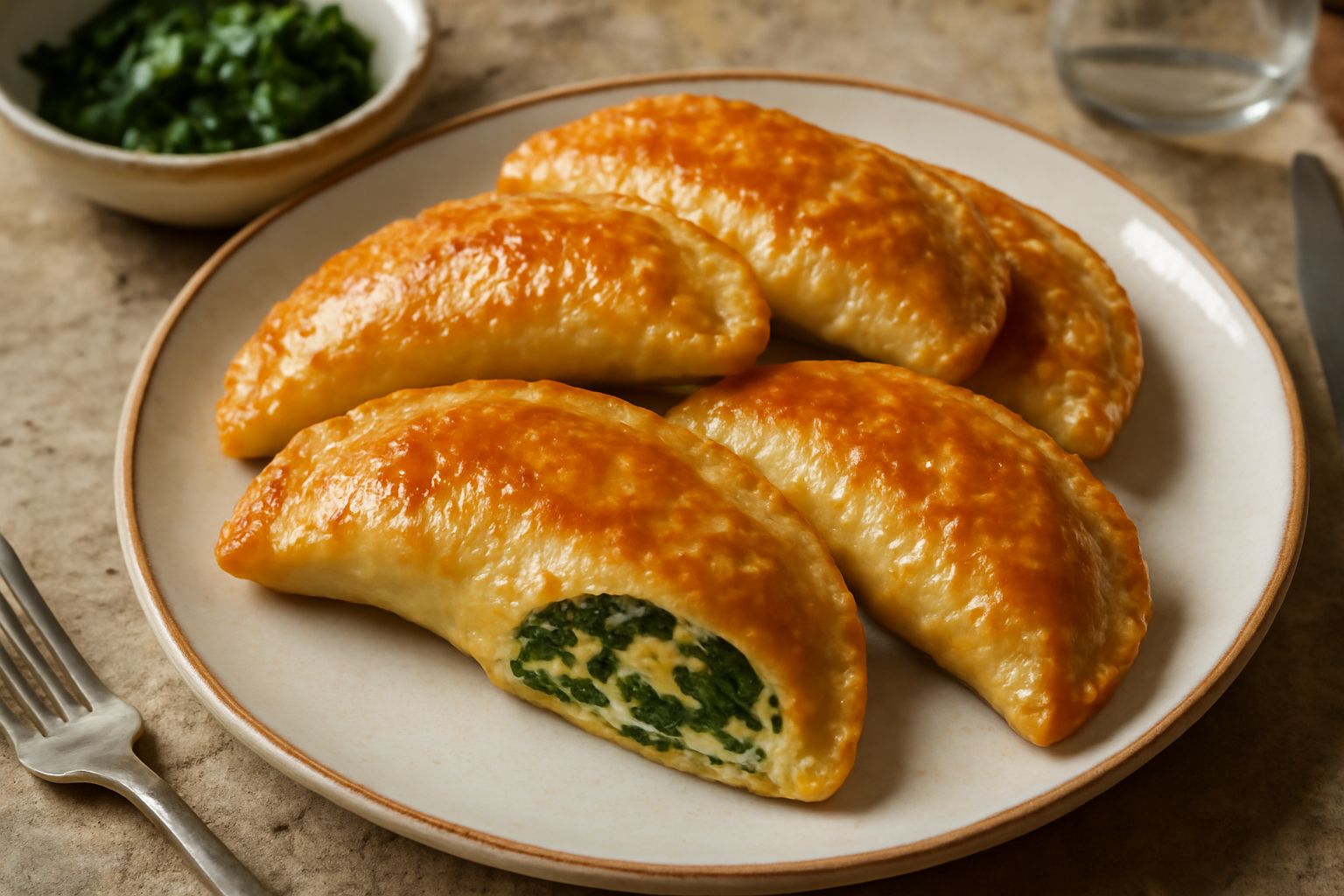 Tre panzerotti di spinaci dorati a forma di mezzaluna appena fritti, disposti su carta assorbente bianca, con goccioline d'olio sulla superficie croccante e un tagliere di legno sullo sfondo con spina