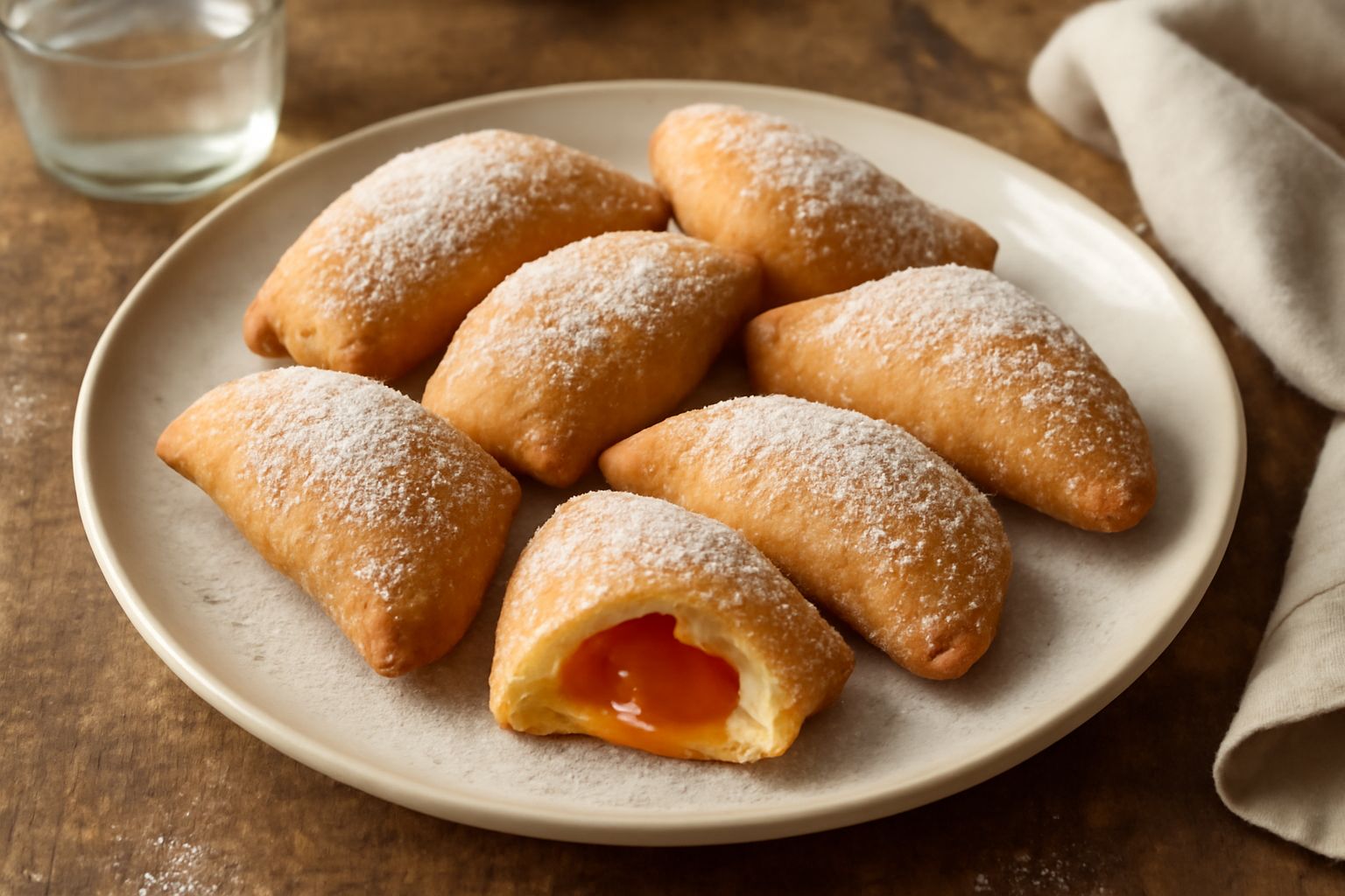 Panzerotti dolci appena fritti, dorati e croccanti, disposti su carta assorbente bianca, alcuni interi e uno tagliato a metà che mostra il ripieno di marmellata rossa al centro