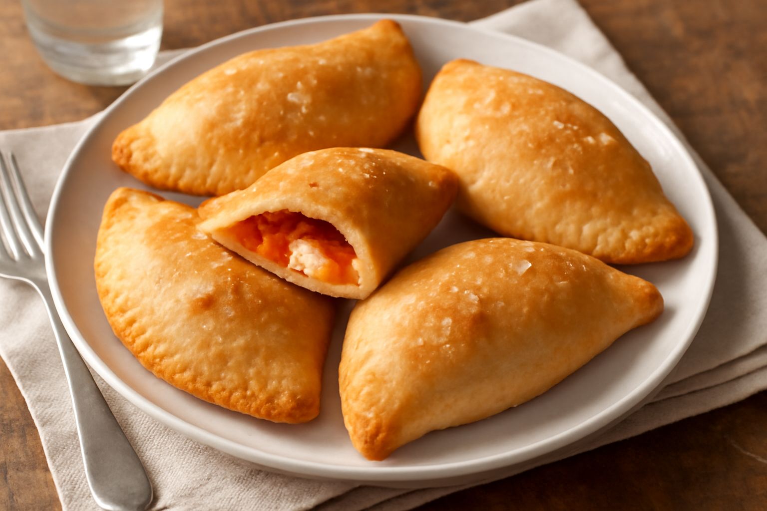 Panzerotti freddi dorati e croccanti disposti su un piatto bianco, tagliati a metà per mostrare il ripieno di mozzarella filante e pomodoro rosso, con qualche foglia di basilico fresco accanto