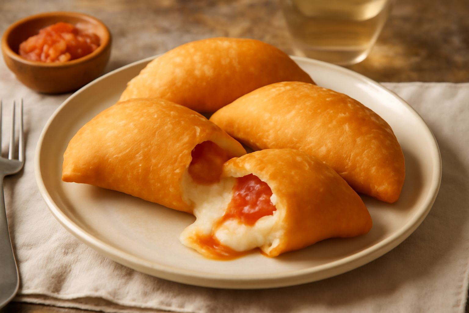 Panzerotti fritti dorati disposti su un piatto bianco, ancora fumanti, con dentro visibile il ripieno di mozzarella filante e pomodoro rosso. Superficie croccante e lucida, impiattamento spartano.