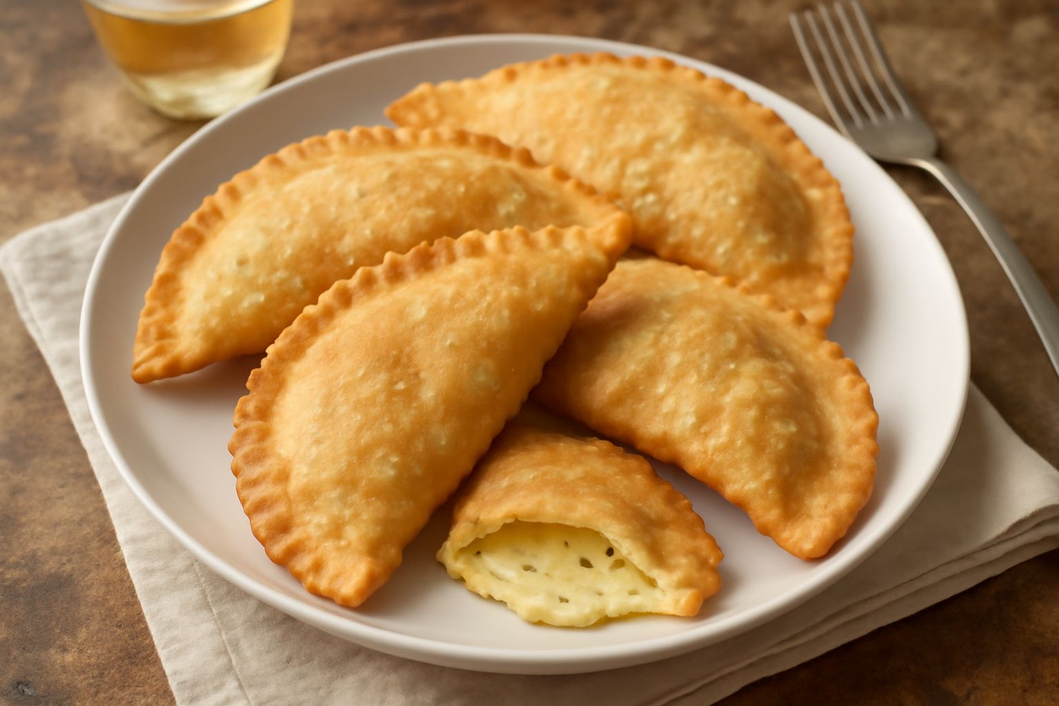 Tre panzerotti molisani dorati disposti su un piatto bianco, a forma di mezzeluna, con bordi ondulati e croccanti, appena fritti, ancora fumanti