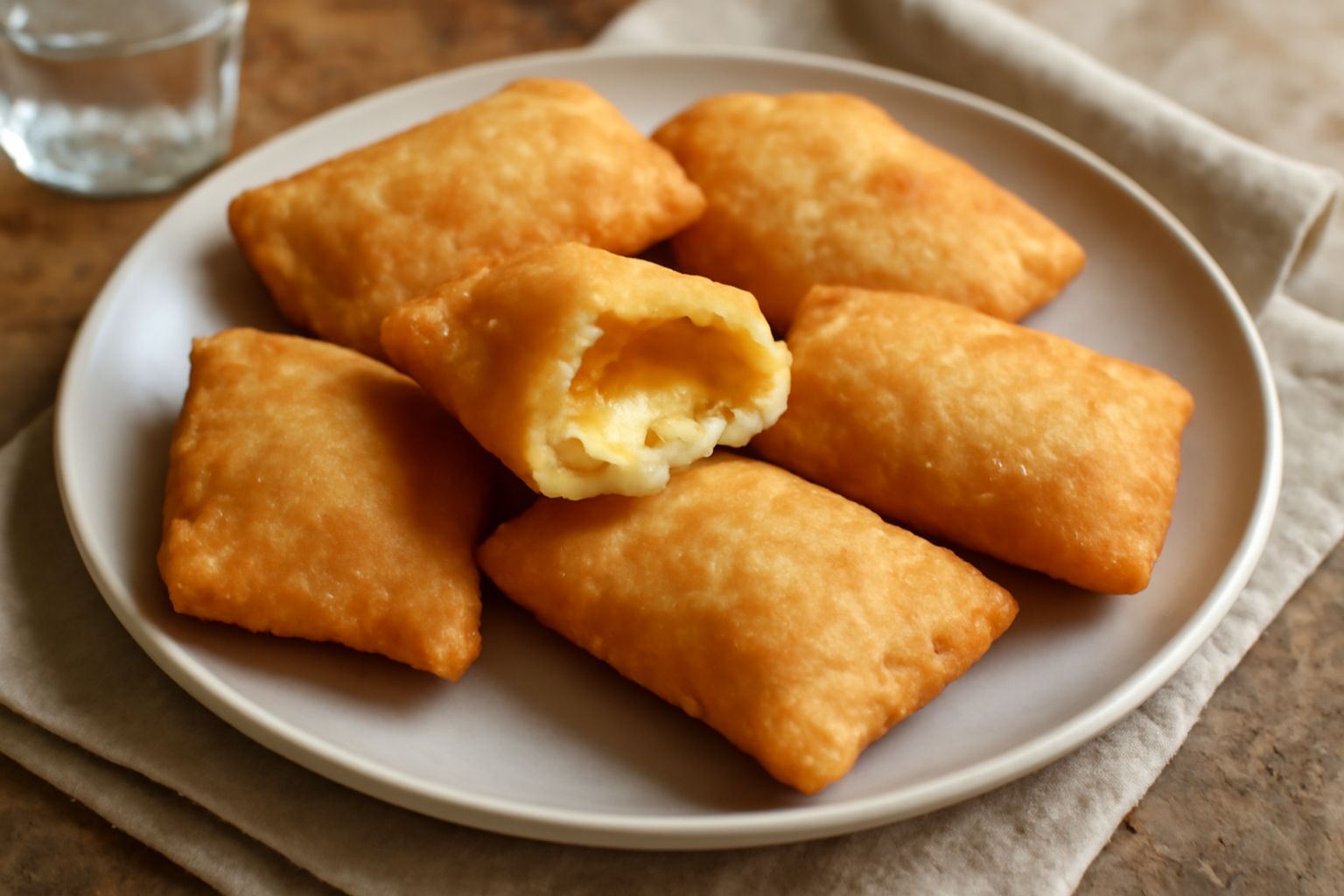 Panzerotti montani fritti dorati su un piatto bianco, dalla forma ovale e schiacciata, con patate visibili al taglio e vapore ancora caldo sulla superficie