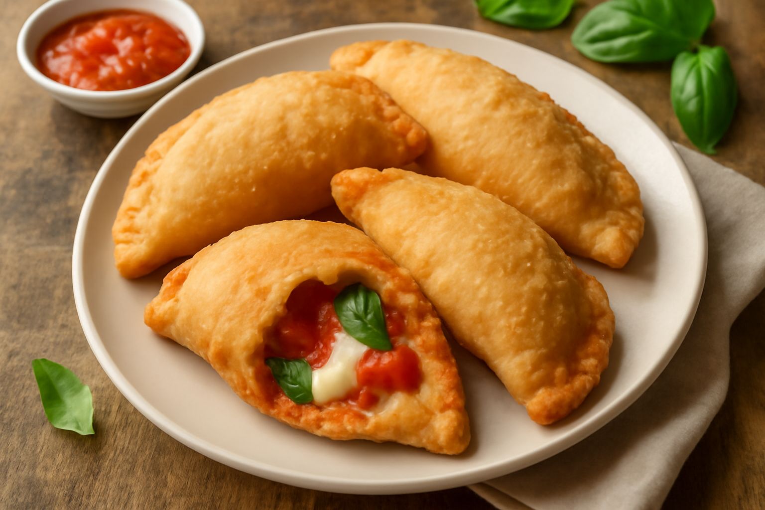 Tre panzerotti dorati a forma di mezzaluna, appena fritti, adagiati su carta assorbente bianca. La crosta è croccante e dorata uniforme, con tracce di olio. Una goccia di mozzarella fusa spunta dalla 