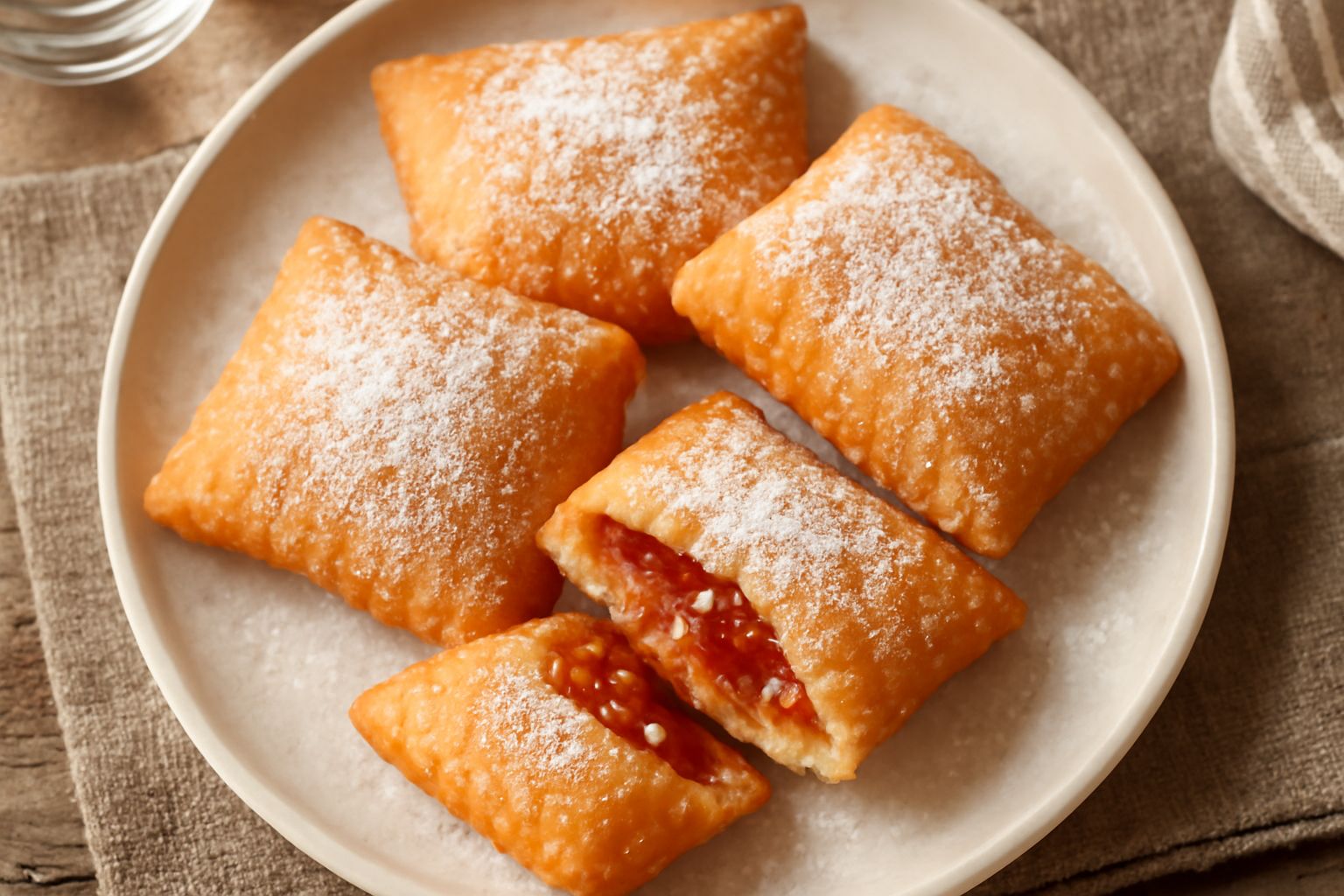 Panzerotti toscani dorati appena fritti su un piatto bianco, polverizzati di zucchero semolato fine, con una marmellata di albicocca visibile dalla frattura, accanto una tazza di caffè fumante