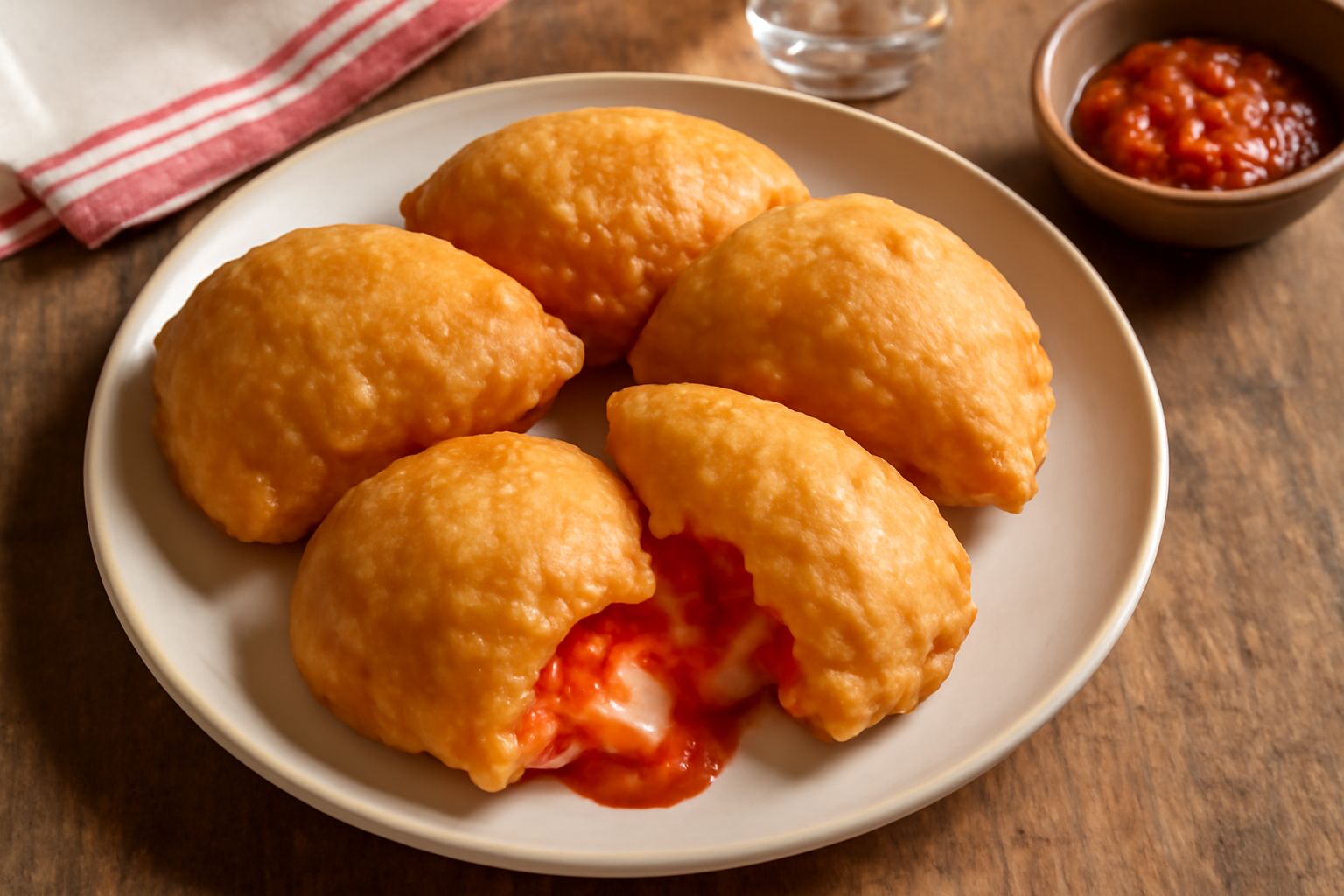 Cinque panzerottini dorati e croccanti disposti su carta bianca, con una ciotolina di salsa di pomodoro a fianco, vapore che sale dalla loro superficie ancora calda