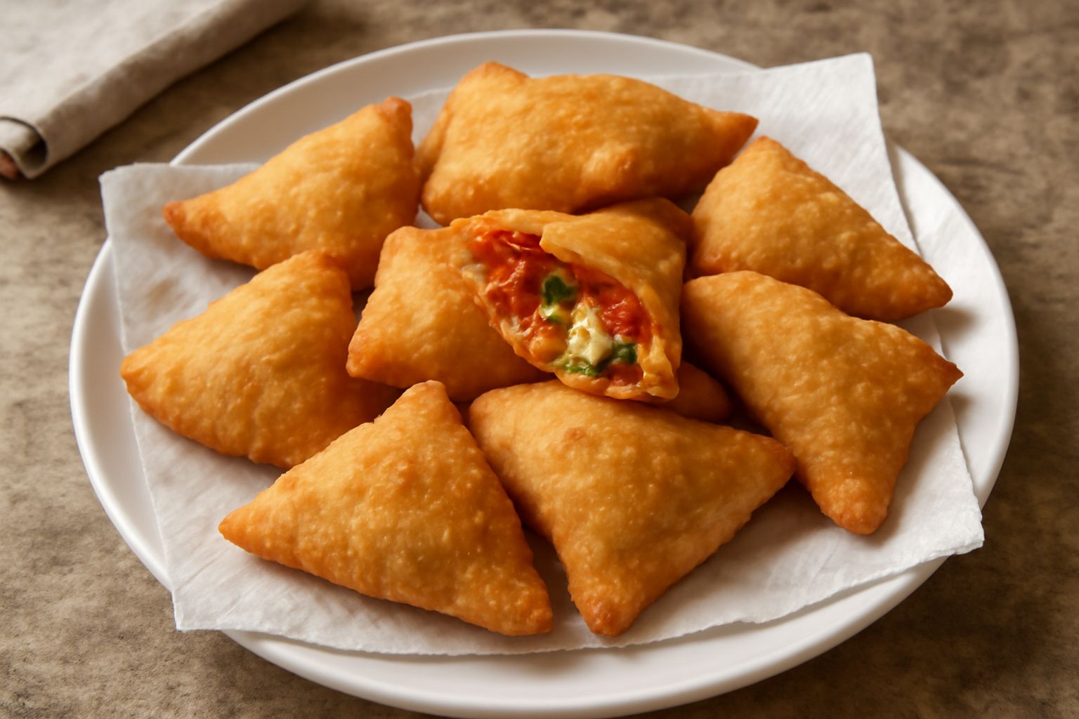 Panzerottini fritti dorati disposti su carta assorbente bianca, a forma di piccoli involti triangolari leggermente affondati al centro, con ragù visibile dal taglio, vapore che sale, sfondo bianco in 