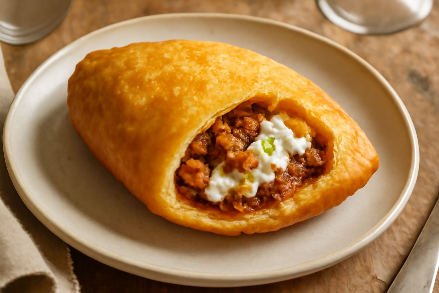Panzerotti cosentini dorati e croccanti, interi e uno tagliato a metà per mostrare il ripieno di ragù e ricotta, disposti su un piatto bianco con carta da forno