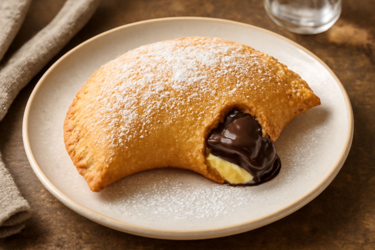 Panzerotti dolci fritti di colore dorato, a forma di mezzaluna, disposti su un piatto bianco e ricoperti di zucchero a velo, con crema che fuoriesce leggermente dal bordo