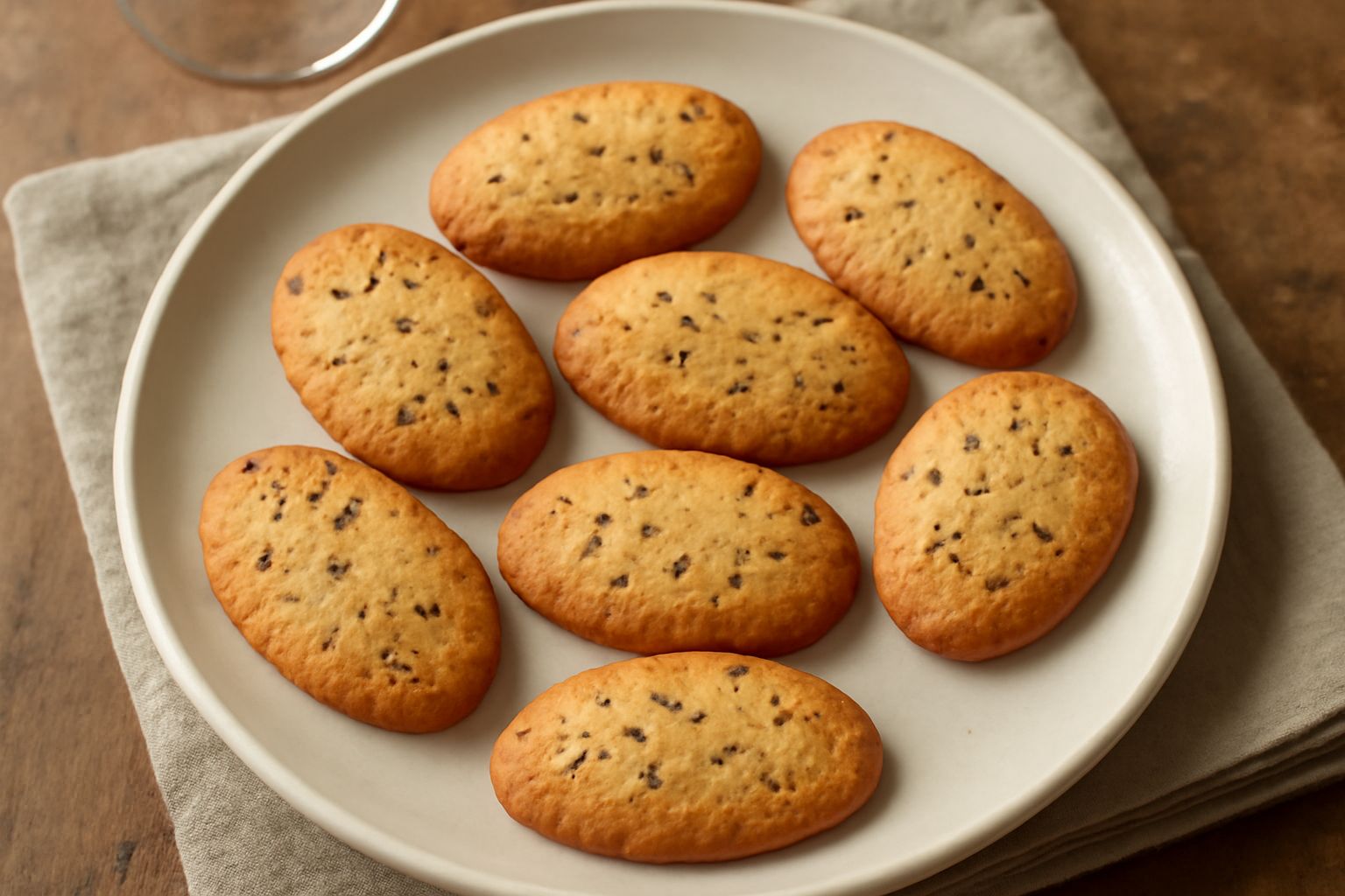 Papaline dorate e croccanti disposte in fila su un piatto bianco, con riflessi di luce che ne evidenziano la consistenza fragrante e i semi di anice visibili in superficie