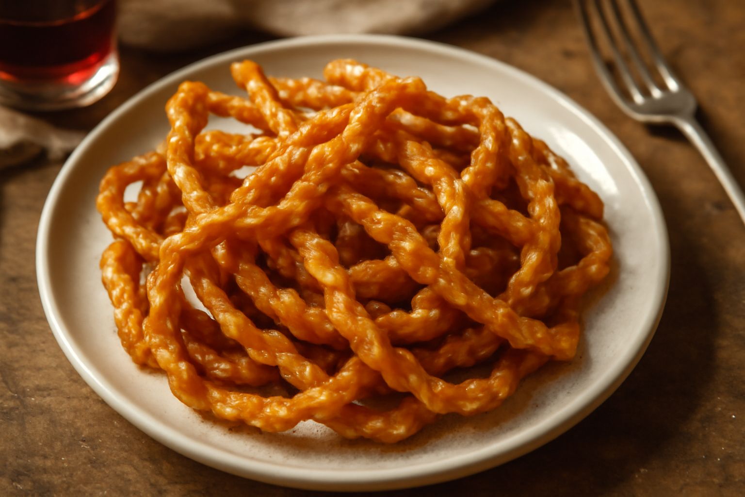 Papassinas fitas su un piatto bianco: strisce di pasta fritta color oro intrecciate e coperte di miele chiaro, decorate con zucchero semolato e buccia d'arancia grattugiata
